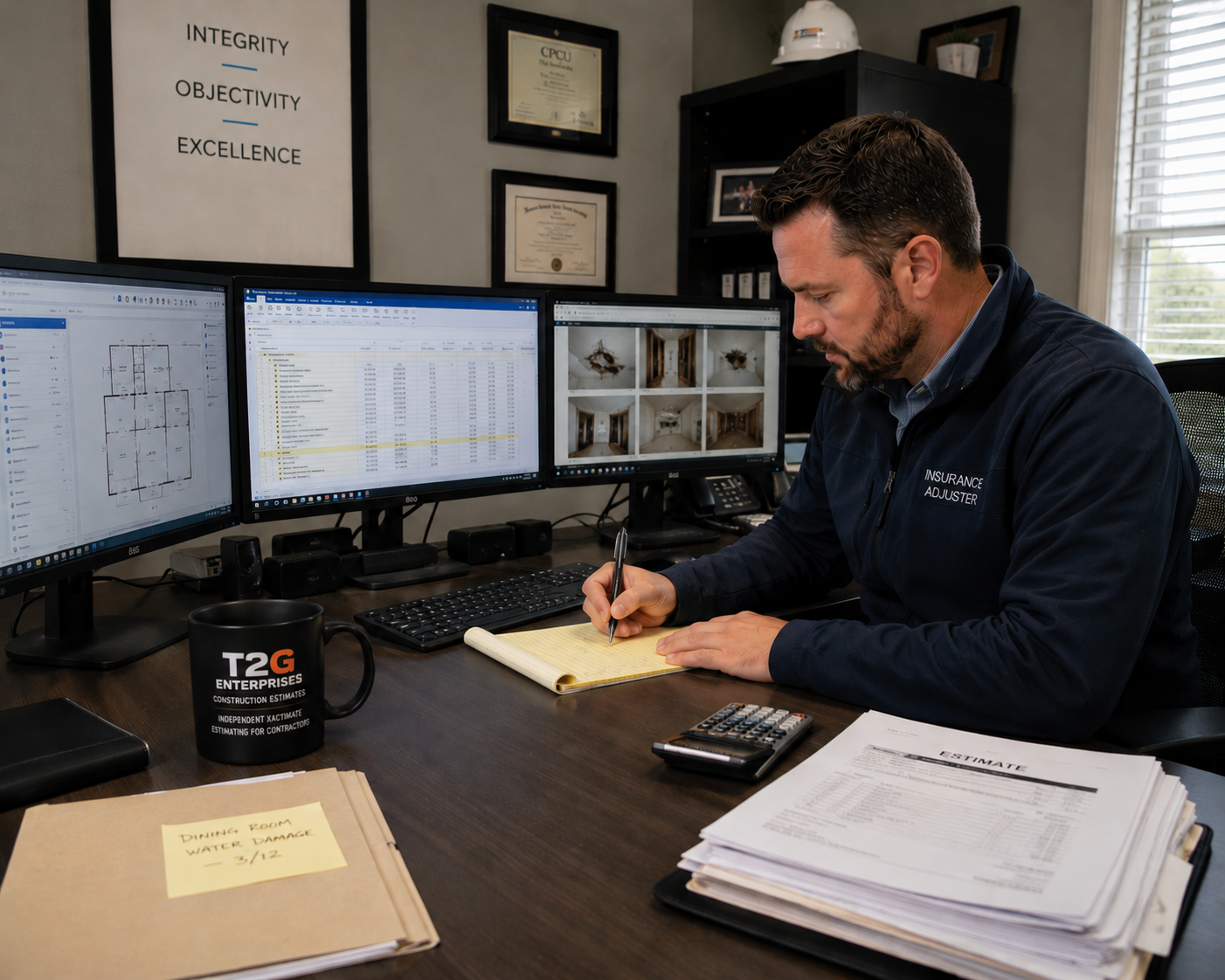 T2G Enterprises adjuster reviewing a water damage claim file at a three-monitor estimating workstation with Xactimate, floor plan, and 360 photo imagery