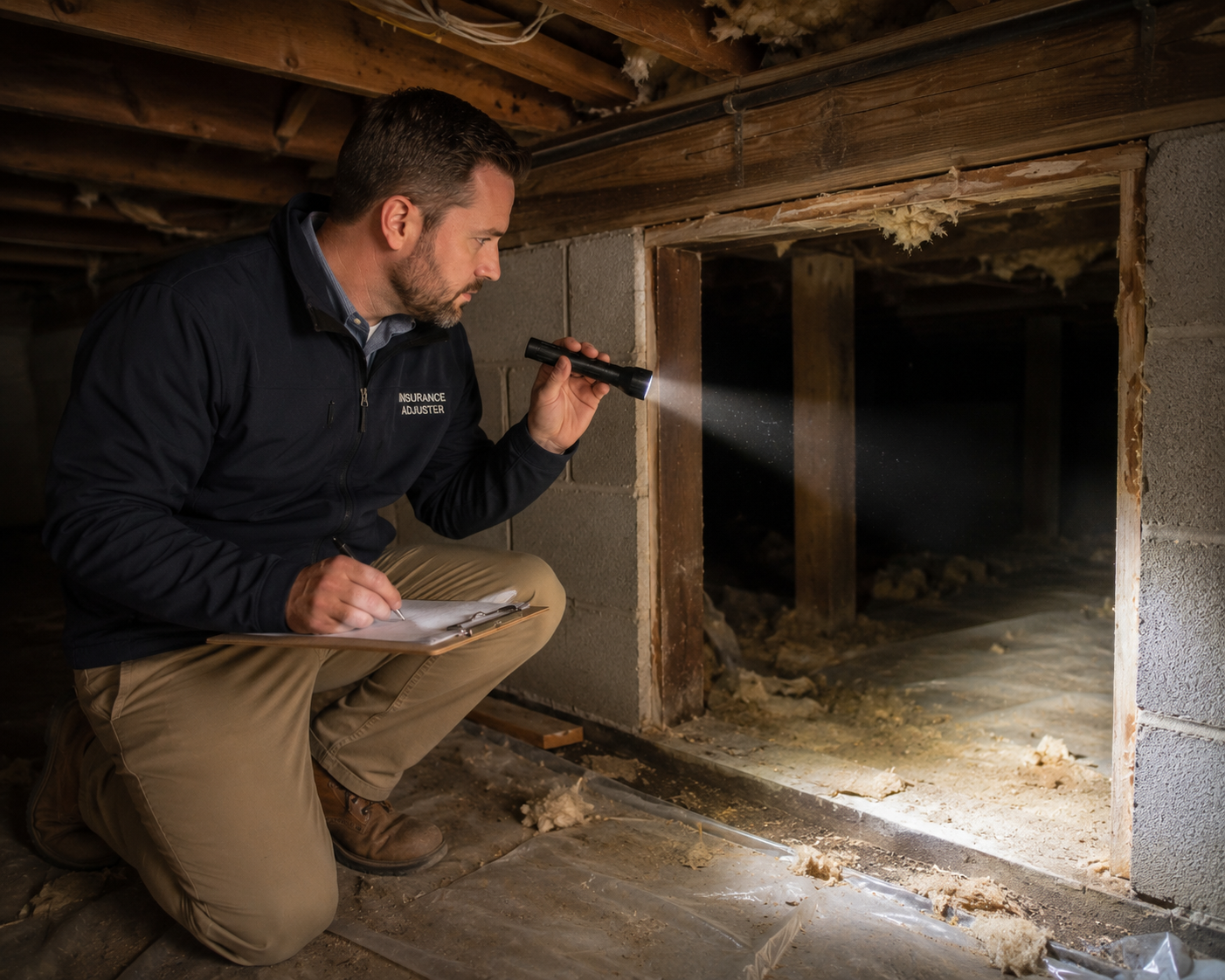 T2G Enterprises adjuster inspecting a crawlspace with flashlight, kneeling on a vapor barrier, exposed framing and insulation visible