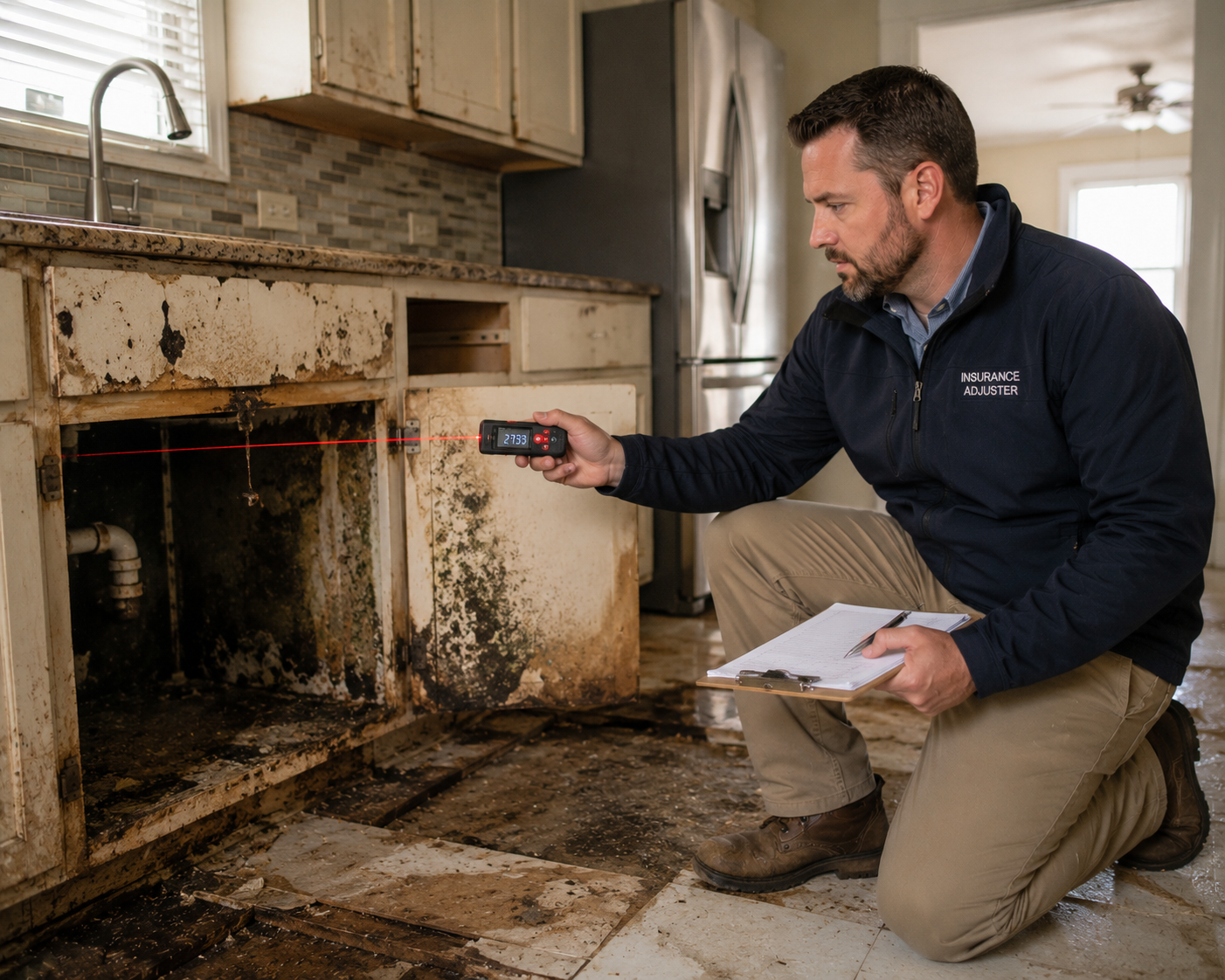 T2G Enterprises adjuster using a laser distance measure to document mold and water damage behind kitchen cabinets, with subfloor exposed and clipboard in hand